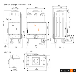 SAVEN ENERGY 75x50x47R BLACK (15,1kW) ECO kampinis židinys su juodu šamotu pakuroje. Plieninė židinio kapsulė kampiniu į šoną atidarimu stiklu.