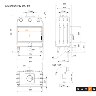 SAVEN ENERGY 80x50 (17kW) ECO židinys. Plieninė židinio kapsulė tiesiu į šoną atidarimu stiklu.