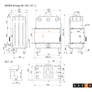 SAVEN ENERGY 85x50x47L BLACK (17kW) ECO kampinis židinys su juodu šamotu pakuroje. Plieninė židinio kapsulė kampiniu į šoną atidarimu stiklu.