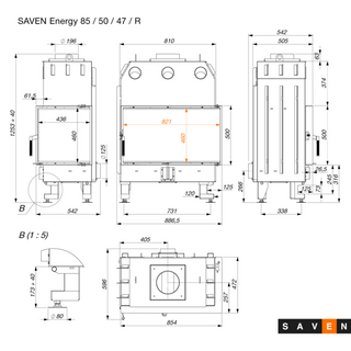 SAVEN ENERGY 85x50x47R BLACK (17kW) ECO kampinis židinys su juodu šamotu pakuroje. Plieninė židinio kapsulė kampiniu į šoną atidarimu stiklu.