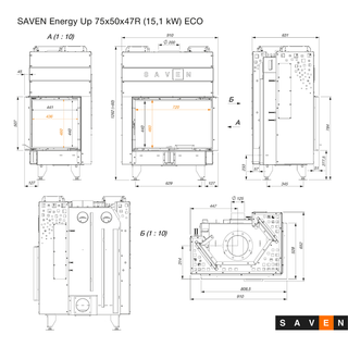 SAVEN ENERGY 75x50x47R (15,1kW) ECO kampinis židinys. Plieninė židinio kapsulė kampiniu į viršų pakeliamu stiklu.