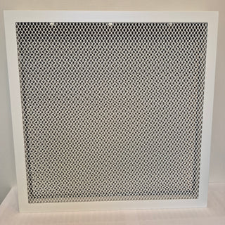 Nestandartinės baltos grotelės židiniams 400 x 400 mm. Tiesios židinio grotelės su dvigubu tinkleliu ir montavimo lizdu