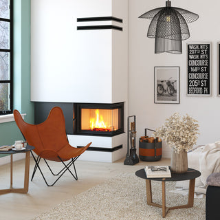 SAVEN ENERGY 65x50x47R (14,5kW) ECO kampinis židinys. Plieninė židinio kapsulė kampiniu į šoną atidarimu stiklu.
