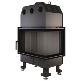 SAVEN ENERGY 75x50x47R BLACK (15,1kW) ECO kampinis židinys su juodu šamotu pakuroje. Plieninė židinio kapsulė kampiniu į šoną atidarimu stiklu.