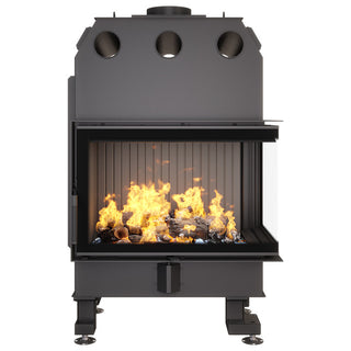 SAVEN ENERGY 75x50x47R BLACK (15,1kW) ECO kampinis židinys su juodu šamotu pakuroje. Plieninė židinio kapsulė kampiniu į šoną atidarimu stiklu.