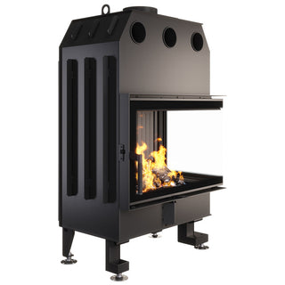SAVEN ENERGY 75x50x47R BLACK (15,1kW) ECO kampinis židinys su juodu šamotu pakuroje. Plieninė židinio kapsulė kampiniu į šoną atidarimu stiklu.