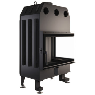 SAVEN ENERGY 75x50x47R BLACK (15,1kW) ECO kampinis židinys su juodu šamotu pakuroje. Plieninė židinio kapsulė kampiniu į šoną atidarimu stiklu.