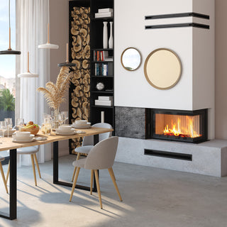 SAVEN ENERGY 75x50x47R (15,1kW) ECO kampinis židinys. Plieninė židinio kapsulė kampiniu į šoną atidarimu stiklu.