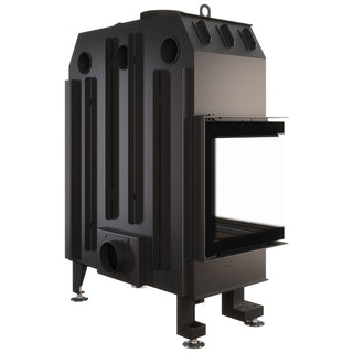 SAVEN ENERGY 85x50x47L BLACK (17kW) ECO kampinis židinys su juodu šamotu pakuroje. Plieninė židinio kapsulė kampiniu į šoną atidarimu stiklu.