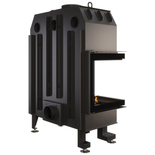 SAVEN ENERGY 85x50x47L BLACK (17kW) ECO kampinis židinys su juodu šamotu pakuroje. Plieninė židinio kapsulė kampiniu į šoną atidarimu stiklu.
