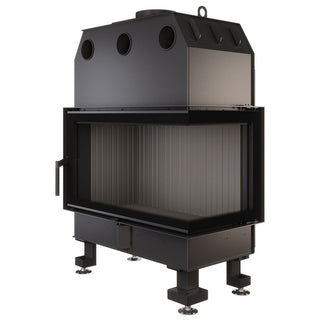 SAVEN ENERGY 85x50x47R BLACK (17kW) ECO kampinis židinys su juodu šamotu pakuroje. Plieninė židinio kapsulė kampiniu į šoną atidarimu stiklu.