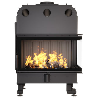SAVEN ENERGY 85x50x47R BLACK (17kW) ECO kampinis židinys su juodu šamotu pakuroje. Plieninė židinio kapsulė kampiniu į šoną atidarimu stiklu.