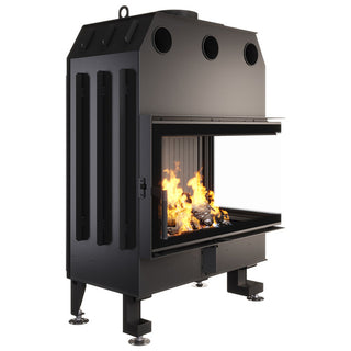 SAVEN ENERGY 85x50x47R BLACK (17kW) ECO kampinis židinys su juodu šamotu pakuroje. Plieninė židinio kapsulė kampiniu į šoną atidarimu stiklu.