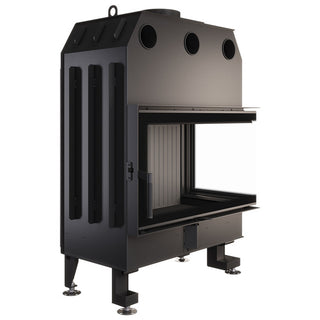 SAVEN ENERGY 85x50x47R BLACK (17kW) ECO kampinis židinys su juodu šamotu pakuroje. Plieninė židinio kapsulė kampiniu į šoną atidarimu stiklu.