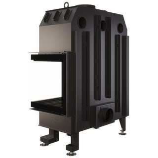 SAVEN ENERGY 85x50x47R BLACK (17kW) ECO kampinis židinys su juodu šamotu pakuroje. Plieninė židinio kapsulė kampiniu į šoną atidarimu stiklu.