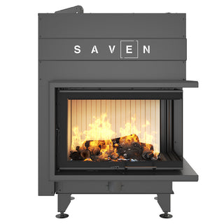 SAVEN ENERGY 75x50x47R (15,1kW) ECO kampinis židinys. Plieninė židinio kapsulė kampiniu į viršų pakeliamu stiklu.