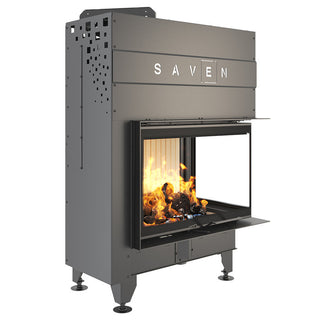 SAVEN ENERGY 75x50x47R (15,1kW) ECO kampinis židinys. Plieninė židinio kapsulė kampiniu į viršų pakeliamu stiklu.