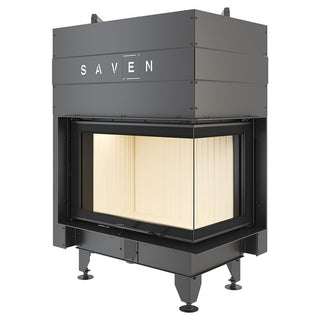SAVEN ENERGY 75x50x47R (15,1kW) ECO kampinis židinys. Plieninė židinio kapsulė kampiniu į viršų pakeliamu stiklu.