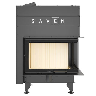 SAVEN ENERGY 75x50x47R (15,1kW) ECO kampinis židinys. Plieninė židinio kapsulė kampiniu į viršų pakeliamu stiklu.