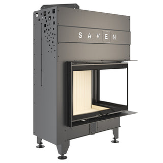 SAVEN ENERGY 75x50x47R (15,1kW) ECO kampinis židinys. Plieninė židinio kapsulė kampiniu į viršų pakeliamu stiklu.