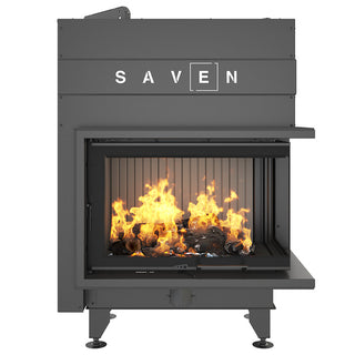 SAVEN ENERGY 75x50x47R BLACK (15,1kW) ECO kampinis židinys su juodu šamotu pakuroje. Plieninė židinio kapsulė kampiniu į viršų pakeliamu stiklu.
