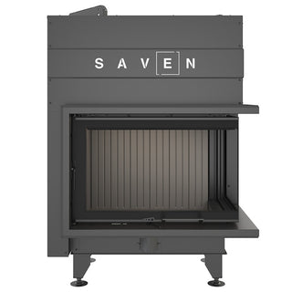 SAVEN ENERGY 75x50x47R BLACK (15,1kW) ECO kampinis židinys su juodu šamotu pakuroje. Plieninė židinio kapsulė kampiniu į viršų pakeliamu stiklu.