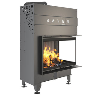SAVEN ENERGY 75x50x47R BLACK (15,1kW) ECO kampinis židinys su juodu šamotu pakuroje. Plieninė židinio kapsulė kampiniu į viršų pakeliamu stiklu.