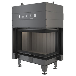SAVEN ENERGY 75x50x47R BLACK (15,1kW) ECO kampinis židinys su juodu šamotu pakuroje. Plieninė židinio kapsulė kampiniu į viršų pakeliamu stiklu.