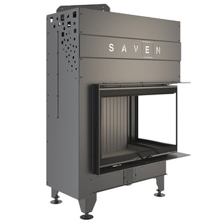 SAVEN ENERGY 75x50x47R BLACK (15,1kW) ECO kampinis židinys su juodu šamotu pakuroje. Plieninė židinio kapsulė kampiniu į viršų pakeliamu stiklu.