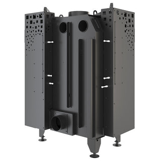 SAVEN ENERGY 75x50x47R BLACK (15,1kW) ECO kampinis židinys su juodu šamotu pakuroje. Plieninė židinio kapsulė kampiniu į viršų pakeliamu stiklu.