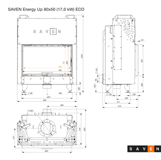 SAVEN ENERGY 80x50 (17kW) ECO židinys. Plieninė židinio kapsulė į viršų pakeliamu stiklu.