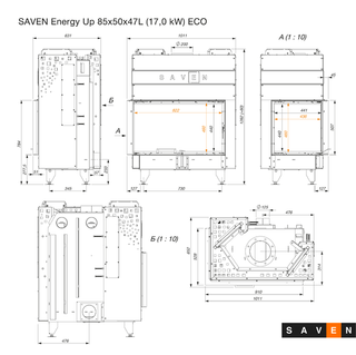 SAVEN ENERGY 85x50x47L (17kW) ECO kampinis židinys. Plieninė židinio kapsulė kampiniu į viršų pakeliamu stiklu.