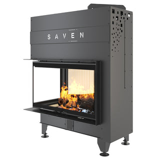 SAVEN ENERGY 85x50x47L (17kW) ECO kampinis židinys. Plieninė židinio kapsulė kampiniu į viršų pakeliamu stiklu.