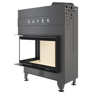 SAVEN ENERGY 85x50x47L (17kW) ECO kampinis židinys. Plieninė židinio kapsulė kampiniu į viršų pakeliamu stiklu.