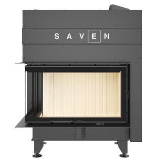 SAVEN ENERGY 85x50x47L (17kW) ECO kampinis židinys. Plieninė židinio kapsulė kampiniu į viršų pakeliamu stiklu.