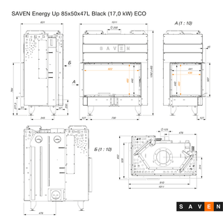 SAVEN ENERGY 85x50x47L BLACK (17kW) ECO kampinis židinys su juodu šamotu pakuroje. Plieninė židinio kapsulė kampiniu į viršų pakeliamu stiklu.