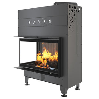 SAVEN ENERGY 85x50x47L BLACK (17kW) ECO kampinis židinys su juodu šamotu pakuroje. Plieninė židinio kapsulė kampiniu į viršų pakeliamu stiklu.