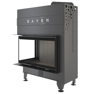 SAVEN ENERGY 85x50x47L BLACK (17kW) ECO kampinis židinys su juodu šamotu pakuroje. Plieninė židinio kapsulė kampiniu į viršų pakeliamu stiklu.