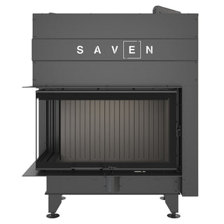 SAVEN ENERGY 85x50x47L BLACK (17kW) ECO kampinis židinys su juodu šamotu pakuroje. Plieninė židinio kapsulė kampiniu į viršų pakeliamu stiklu.