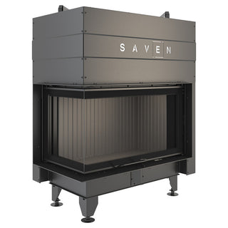 SAVEN ENERGY 85x50x47L BLACK (17kW) ECO kampinis židinys su juodu šamotu pakuroje. Plieninė židinio kapsulė kampiniu į viršų pakeliamu stiklu.