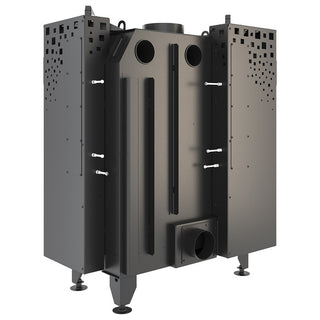 SAVEN ENERGY 85x50x47L BLACK (17kW) ECO kampinis židinys su juodu šamotu pakuroje. Plieninė židinio kapsulė kampiniu į viršų pakeliamu stiklu.