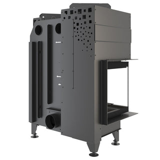SAVEN ENERGY 85x50x47L BLACK (17kW) ECO kampinis židinys su juodu šamotu pakuroje. Plieninė židinio kapsulė kampiniu į viršų pakeliamu stiklu.