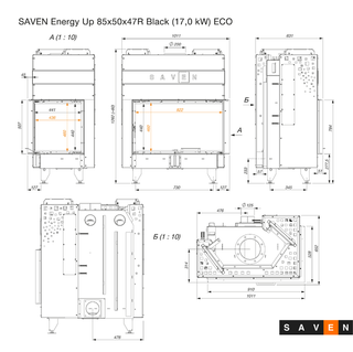 SAVEN ENERGY 85x50x47R BLACK (17kW) ECO kampinis židinys su juodu šamotu pakuroje. Plieninė židinio kapsulė kampiniu į viršų pakeliamu stiklu.
