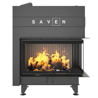 SAVEN ENERGY 85x50x47R BLACK (17kW) ECO kampinis židinys su juodu šamotu pakuroje. Plieninė židinio kapsulė kampiniu į viršų pakeliamu stiklu.