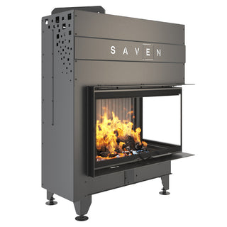 SAVEN ENERGY 85x50x47R BLACK (17kW) ECO kampinis židinys su juodu šamotu pakuroje. Plieninė židinio kapsulė kampiniu į viršų pakeliamu stiklu.