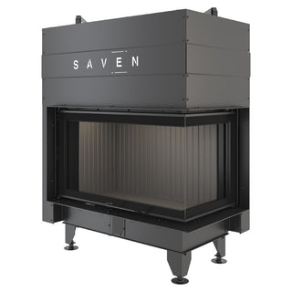 SAVEN ENERGY 85x50x47R BLACK (17kW) ECO kampinis židinys su juodu šamotu pakuroje. Plieninė židinio kapsulė kampiniu į viršų pakeliamu stiklu.