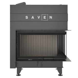 SAVEN ENERGY 85x50x47R BLACK (17kW) ECO kampinis židinys su juodu šamotu pakuroje. Plieninė židinio kapsulė kampiniu į viršų pakeliamu stiklu.