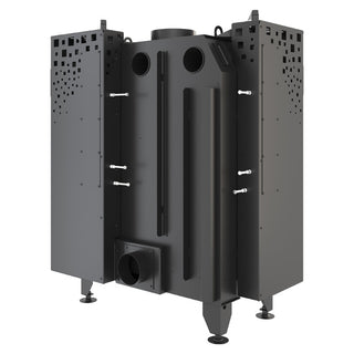 SAVEN ENERGY 85x50x47R BLACK (17kW) ECO kampinis židinys su juodu šamotu pakuroje. Plieninė židinio kapsulė kampiniu į viršų pakeliamu stiklu.