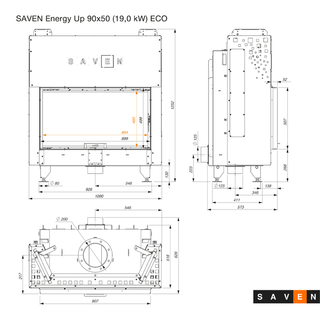 SAVEN ENERGY 90x50 (19kW) ECO židinys. Plieninė židinio kapsulė į viršų pakeliamu stiklu.