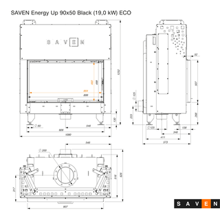 SAVEN ENERGY 90x50 BLACK (19kW) ECO židinys su juodu šamotu pakuroje. Plieninė židinio kapsulė į viršų pakeliamu stiklu.